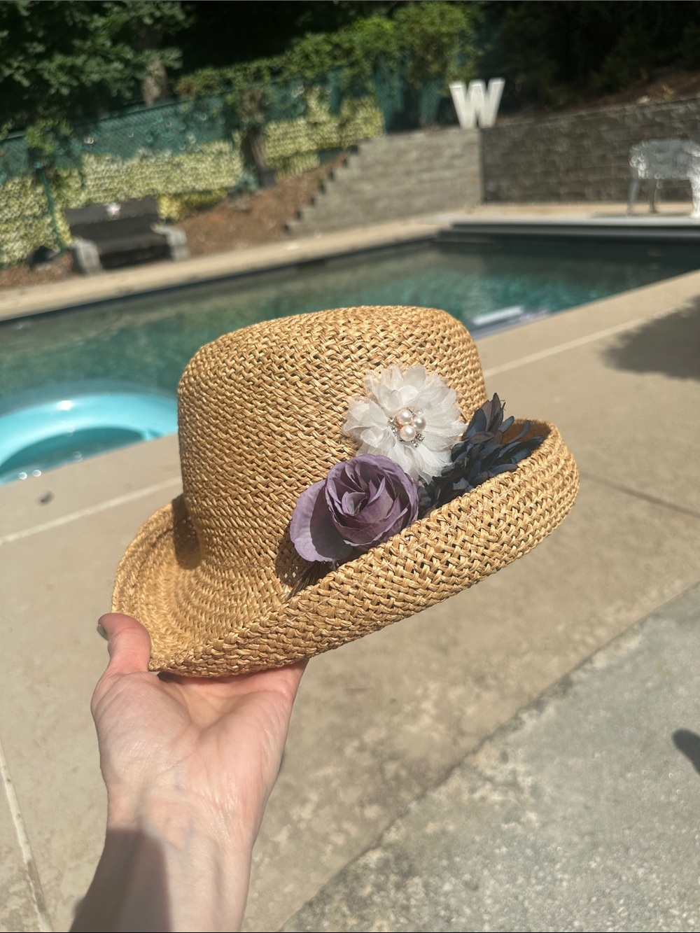 Straw Floral Trim Women’s Hat - Natural with Lavender and White flower accents